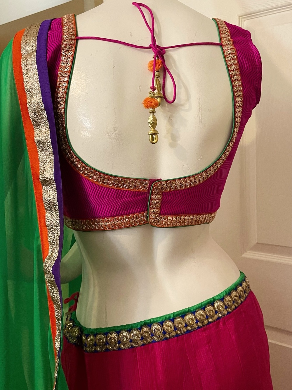 Women’s Fuchsia Georgette Skirt with Green Dupatta (Chaniya Choli)